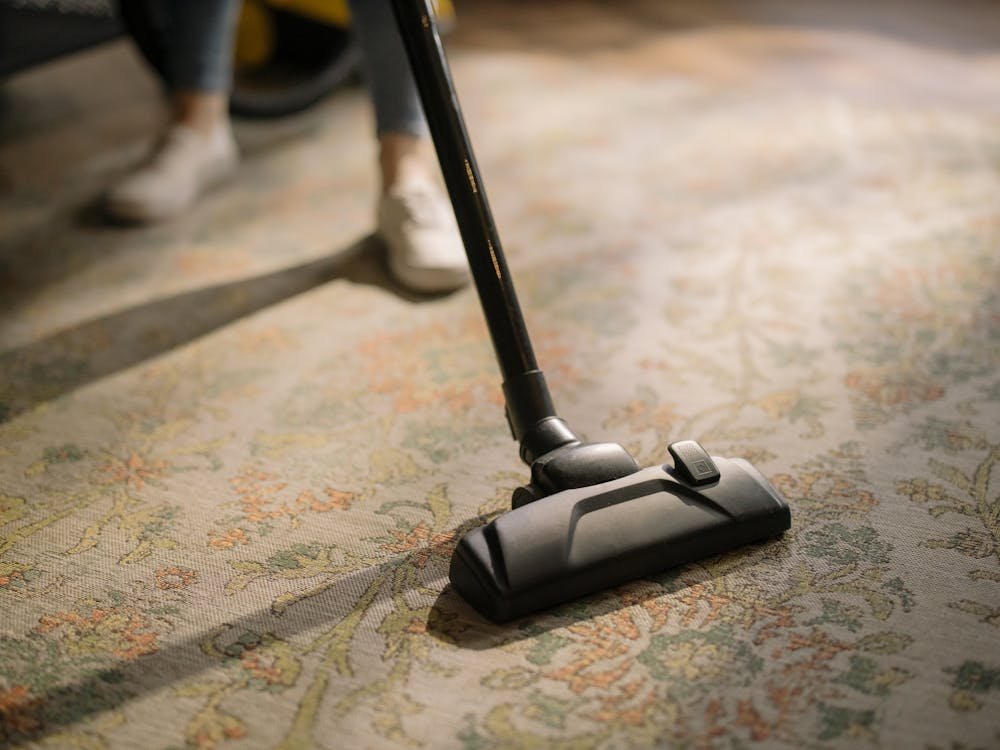 Professional carpet cleaning with industrial vacuum on patterned carpet